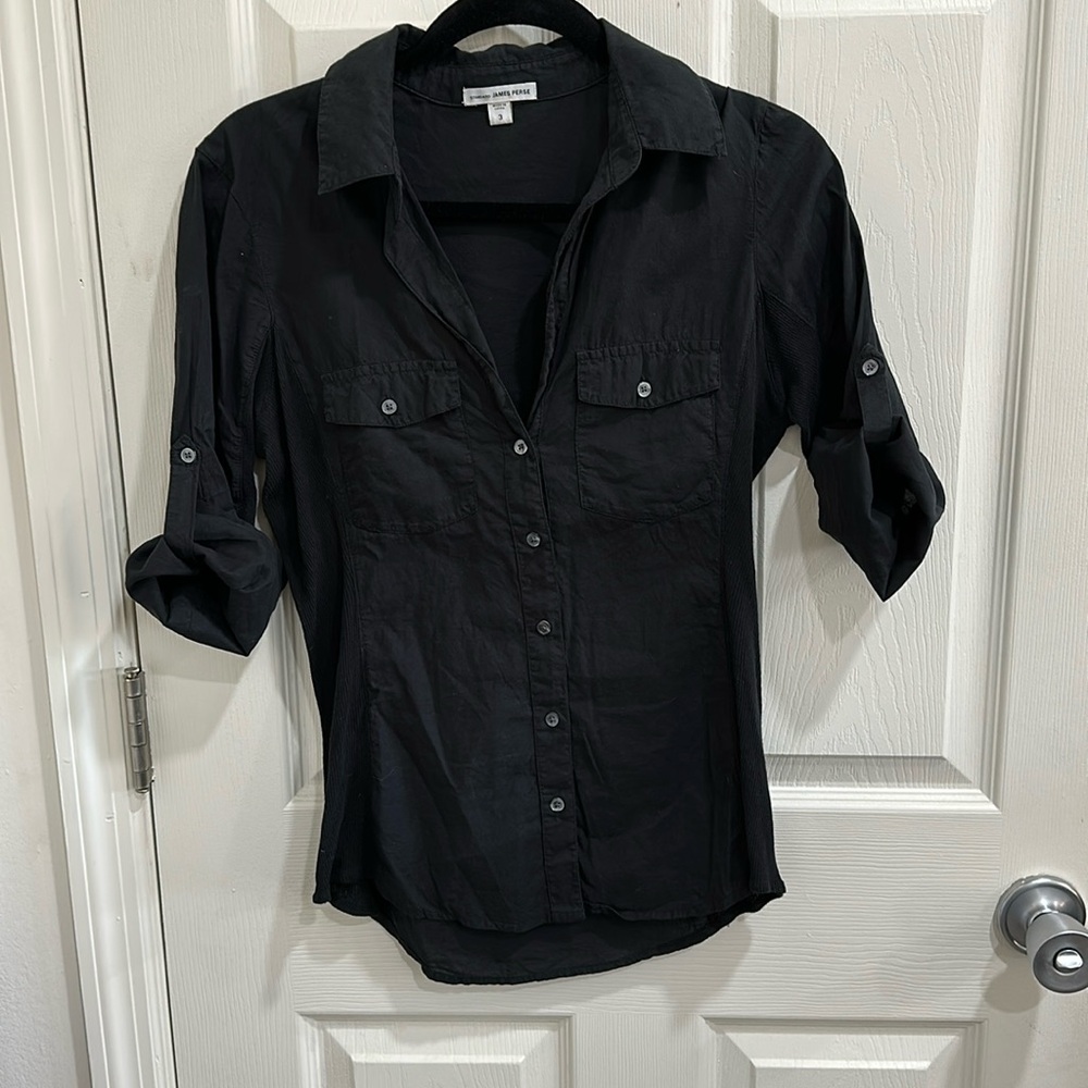 James Perse Black 3/4 Roll Cuff Sleeve Women’s Shirt Size L (JP Sz 3)